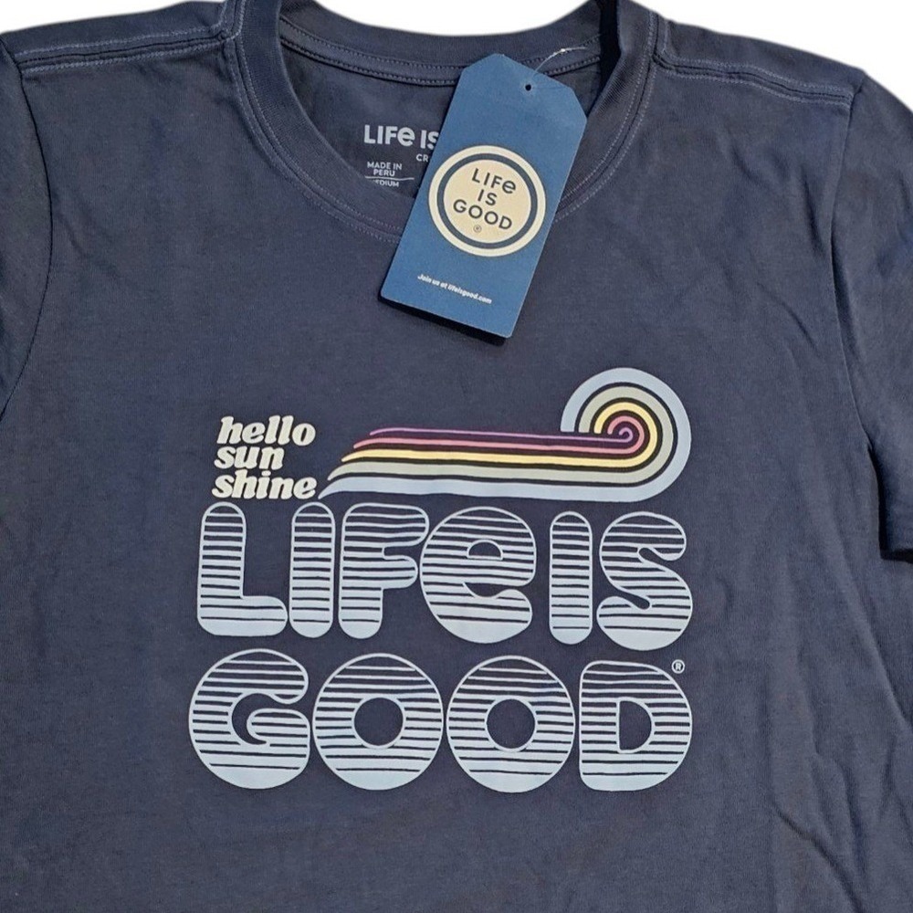 Life Is Good Womens Crusher Tee‎ Blue Hello Sunshine Rainbow Large